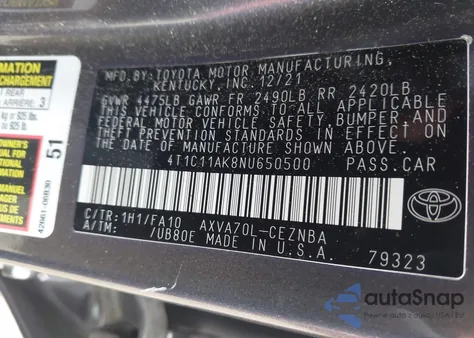 2022 Toyota Camry Le из США, поврежденный, VIN 4T1C11AK8NU650500